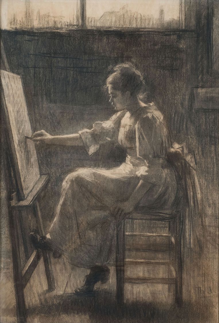 Houtskoolportret dat Thérèse Schwartze in 1895 maakte van haar nichtje, schilderes Lizzy Ansingh. Te zien t/m 27 februari in Museum Paul Tetar van Elven in Delft. Beeld -