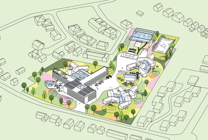 Een ontwerpschets van de nieuwbouw van scholengemeenschap Reggesteyn aan de Noetselerbergweg.