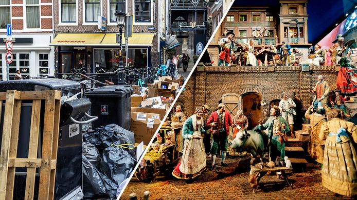 De vuilnisbelt in Utrecht. Rechts de kerststal in het Catharijneconvent.