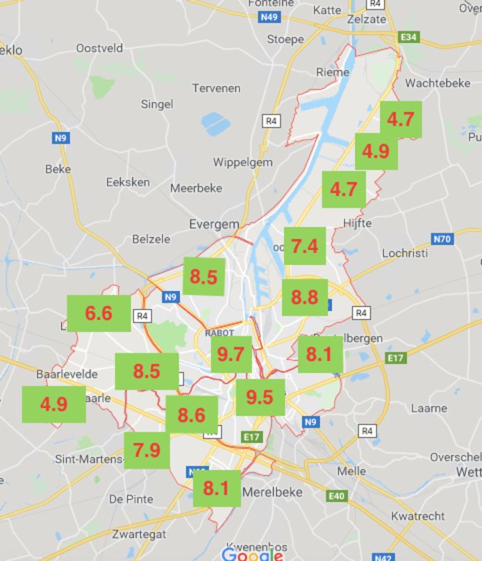 De MobiScore varieert sterk van locatie tot locatie: binnen Gent al van 4,7 in de Kanaalzone tot 9,7 in het absolute stadscentrum.