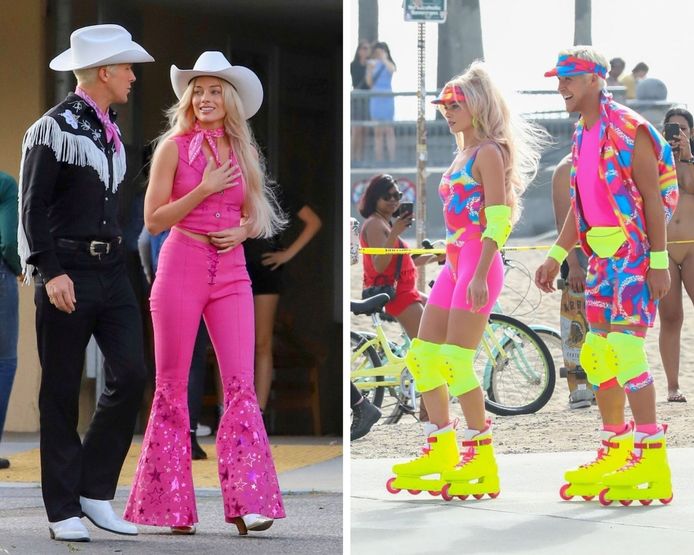 Margot Robbie et Ryan Gosling font du roller en tenues fluo sur le tournage  de Barbie 