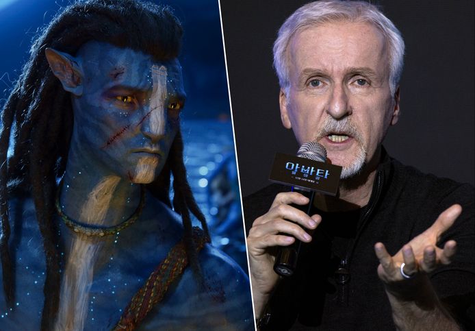 Links een fragment uit 'Avatar 2', rechts regisseur James Cameron.