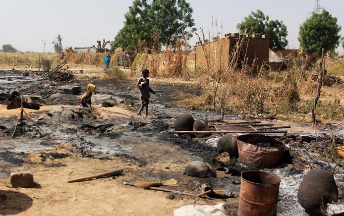 Dorpje in Maiduguri, Nigeria dat werd platgebrand door Boko Haram-strijders in december.