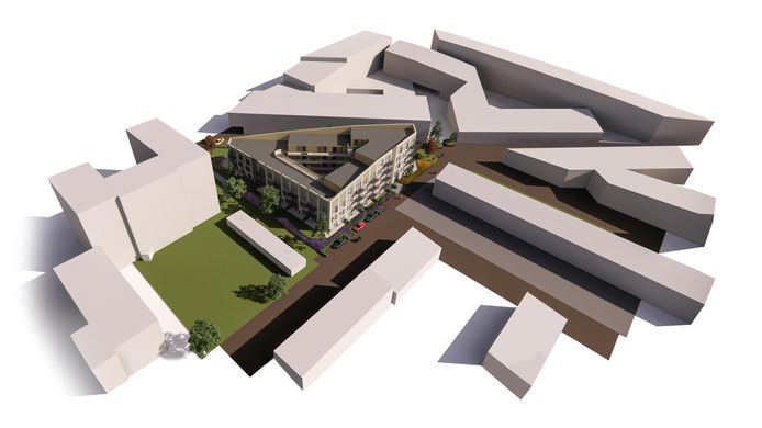 Een impressie van het nieuwe appartementencomplex De Majoor aan de Montgomerylaan (links) in Eindhoven. Een project van Stayinc.