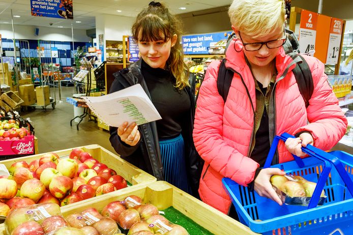 Noah Viergever (bril 16)  en Sophie Carmiggelt (16), 5 VWO-leerlingen, op pad voor hun bedrijf de Boodschappenlijn