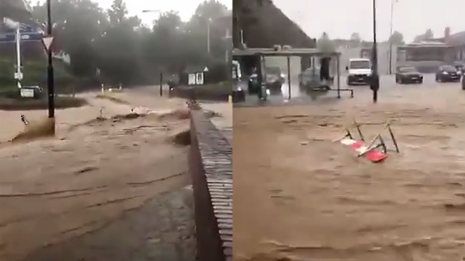Hevige wateroverlast in Zuid-Limburg: op beelden is te zien hoe hekken en fietsen door de stroom worden meegesleurd.
