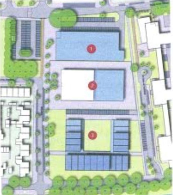 Een schets van het plan. Eén is de Lidl XL, twee de school en drie de nieuwe woningen. Linksboven de uitgebreide parkeerplaats.