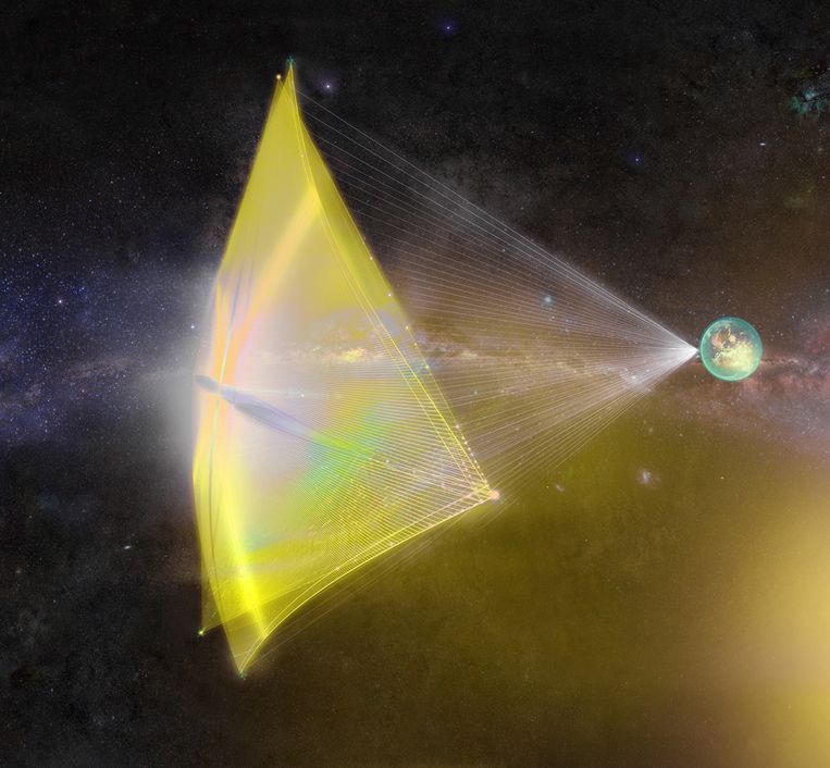 Een artist’s impression van een StarChip, aangedreven door laserbundels vanaf de aarde. Beeld Breakthrough Starshot