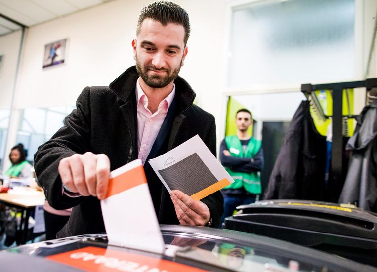 Stephan van Baarle van DENK brengt zijn stem uit in een stemlokaal aan de Afrikaandemarkt in Rotterdam. Beeld Freek van den Bergh