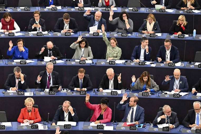 Het Europarlement tijdens de stemming over universele opladers.  Beeld AFP