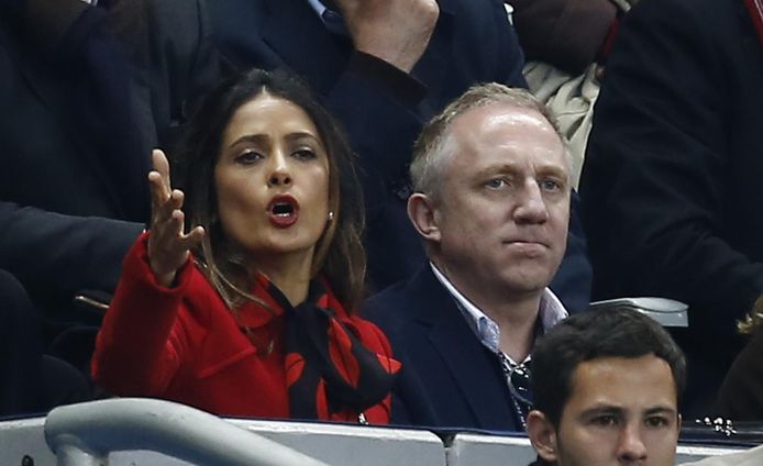 Francois-Henri Pinault, de eigenaar van Stade Rennes, en zijn vrouw, actrice Salma Hayek tijdens de verloren bekerfinale van 2014.