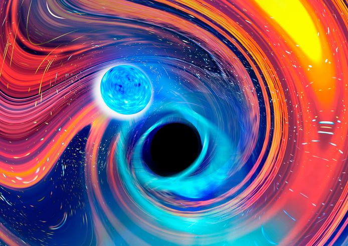 Illustratiebeeld van een zwart gat dat een neutronenster verslindt.