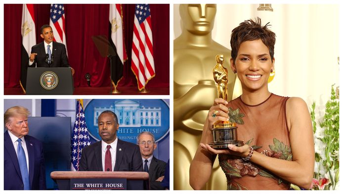 President Barack Obama, president Donald Trump naast zijn huisvestingsminister Ben Carson en Halle Berry met haar Oscar voor Beste Actrice