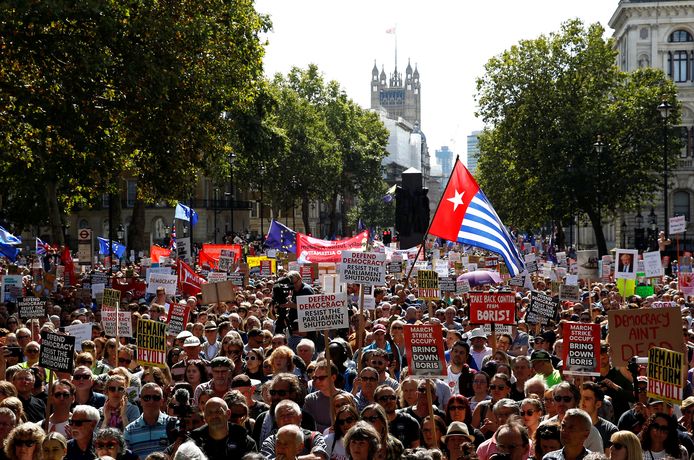 De straten rond Downing Street in Londen stromen vol met anti-brexitdemonstranten.