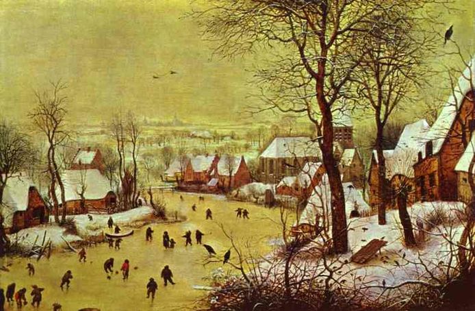 Pieter Bruegel de Oudere schilderde in 1565 'Winterlandschap met schaatsers en vogelknip’.