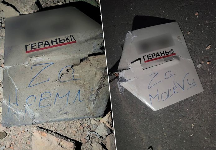 Het Oekraïense leger deelde foto’s van brokstukken waarop “voor het Kremlin” en “voor Moskou” geschreven staat.