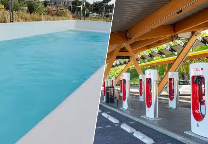 Links: het zwembad waar vier mensen tegelijk kunnen van genieten. Rechts: het bewuste laadstation aan de snelweg bij Hilden.