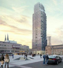 Eigenaar NedBel van Begijnenhof 35 in Eindhoven had dit plantontwerp al klaar. Nu wordt over de vorm van de 120 meter hoge toren doorgepraat met supervisor Winy Maas. Die liet de schets zien tijdens een presentatie.