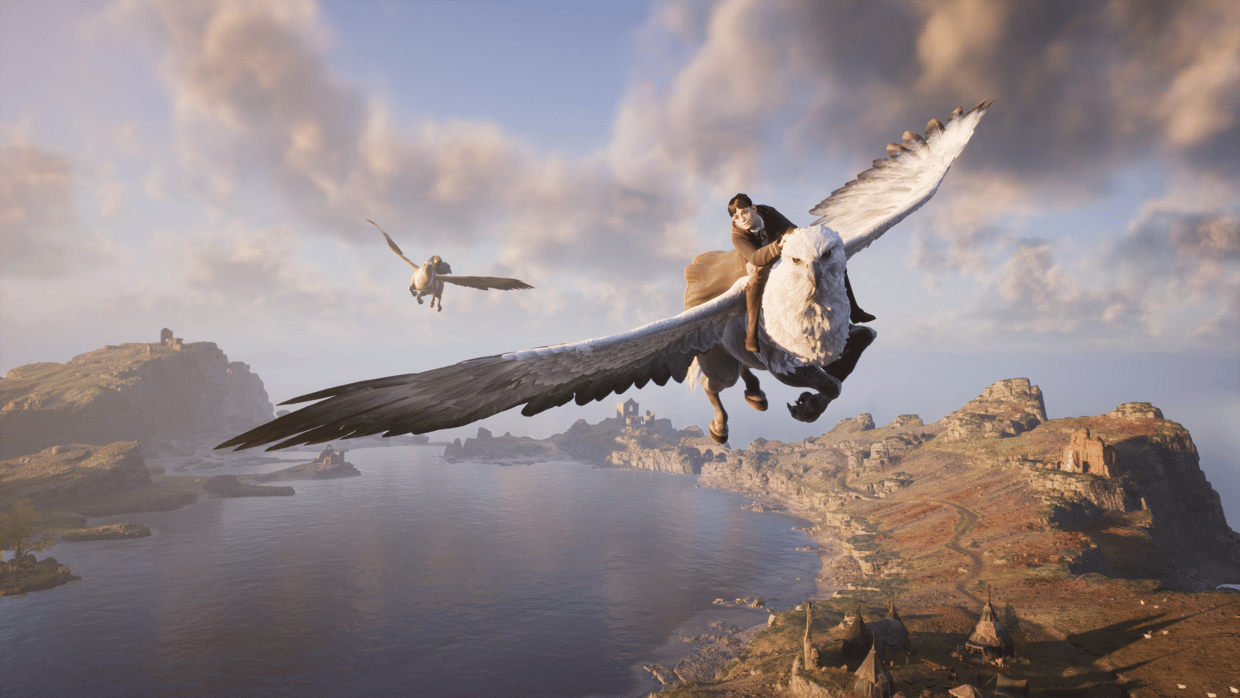 Een spelerpersonage uit 'Hogwarts Legacy' op een Hippogrief-wezen. Beeld WB Games