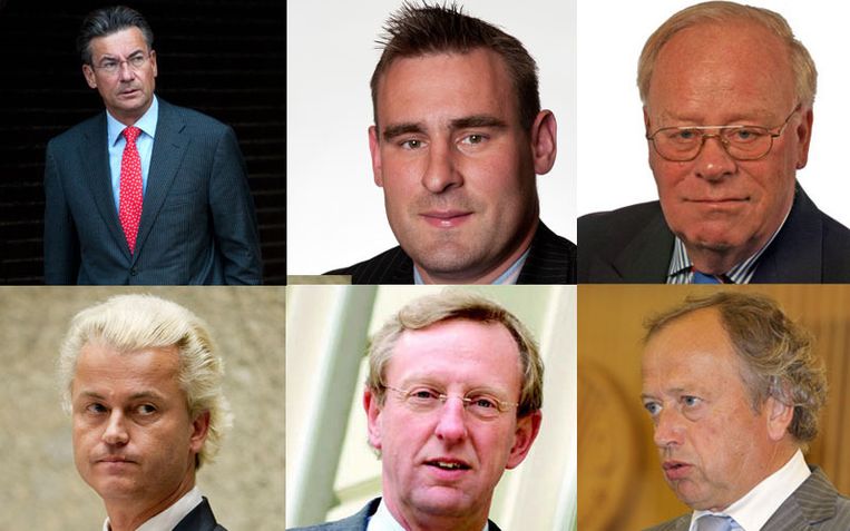 Bovenste rij: Maxime Verhagen, Richard de Mos en Hans Labohm.. Onderste rij: Geert Wilders, Peter Boerma en Henk Bleker Beeld 