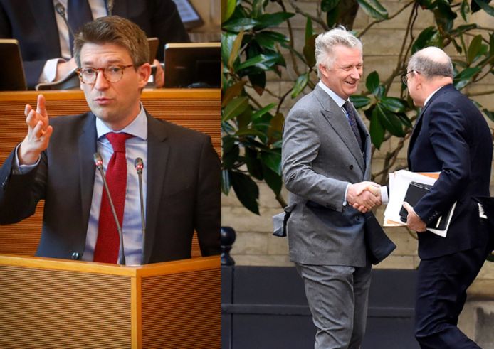 Waals minister Pierre-Yves Dermagne (PS) (l) en Koen Geens op audiëntie bij de koning.