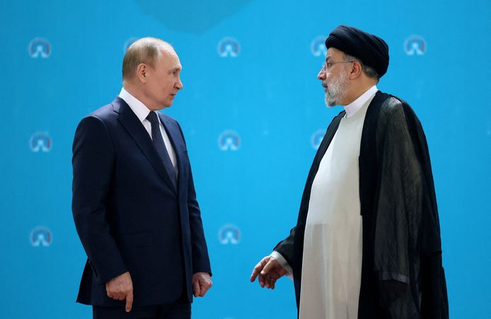 De Russische president Vladimir Poetin en de Iraanse president Ebrahim Raisi. (19/07/22)