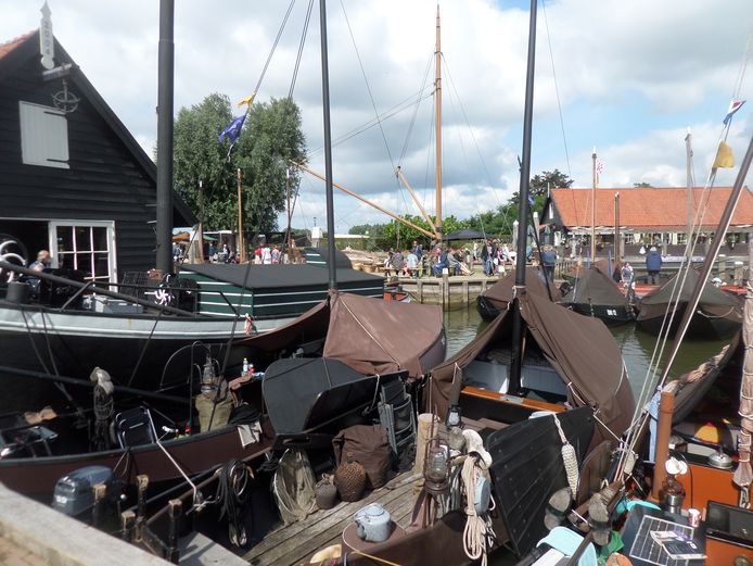 Leden van de Vereniging behoud van de zalmschouw hebben een reünie in de Stadshaven. Achter de zalmschouwen de schokker Janus.