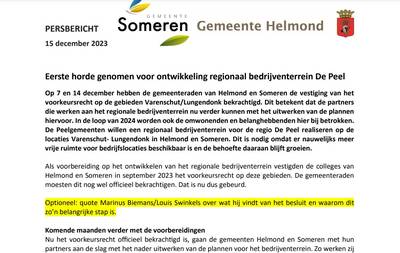 Peelgemeenten lijken zeker van hun zaak: persbericht over groen licht voor bedrijventerrein al openb