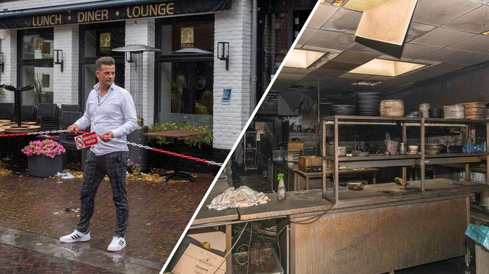 Eigenaar Justin van Dongen zet het terras van restaurant Prima, waar vorige week een brand woedde, in Nunspeet af.