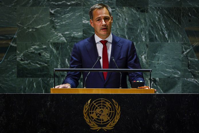 Premier Alexander De Croo spreekt de Algemene Vergadering van de VN toe.
