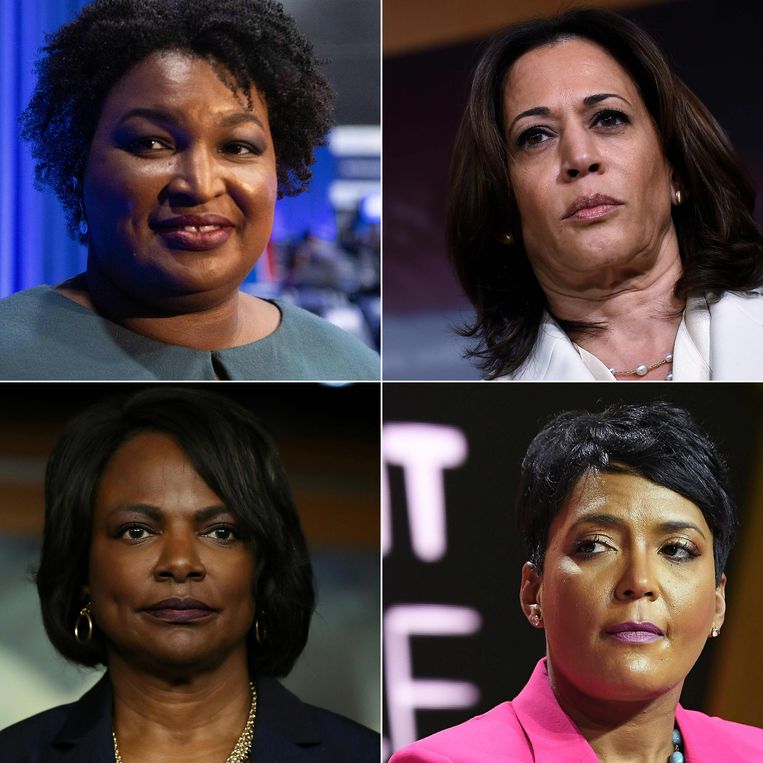 Linksboven: Stacey Abrams en naast haar Kamala Harris. Linksonder Val Demings en rechts Keisha Lance Bottoms. Beeld AFP