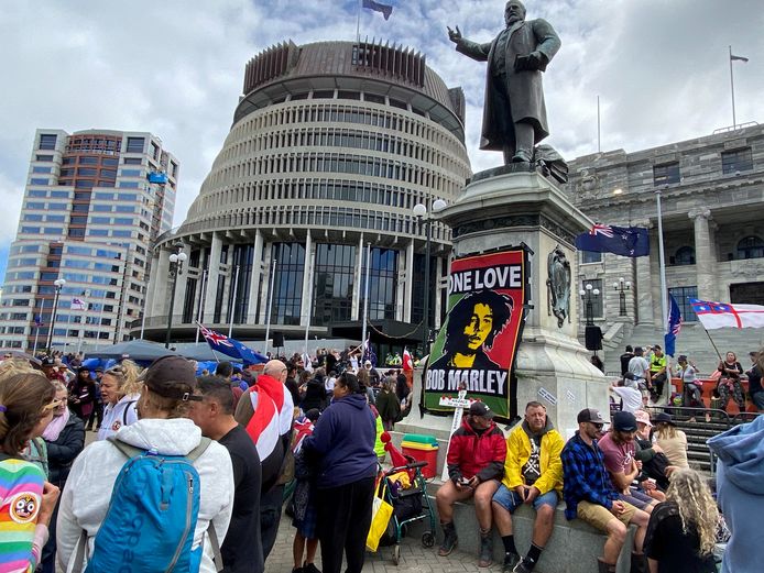 Ook in de Nieuw-Zeelandse hoofdstad Wellington, waar nog steeds demonstraties zijn tegen de maatregelen die regering tegen het coronavirus neemt, werd de aardbeving gevoeld.