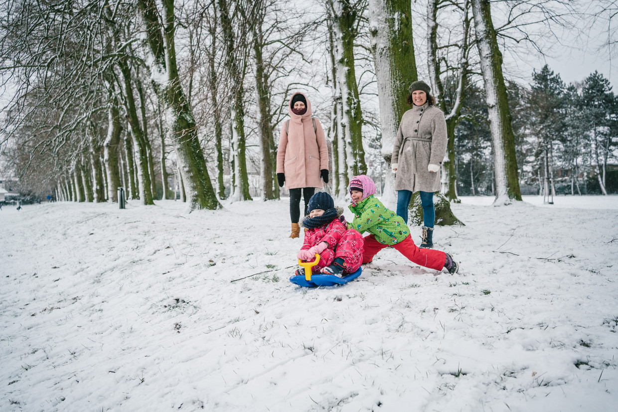Sneeuwpret in het Domein Claeys-Bouüaert in Mariakerke bij Gent.