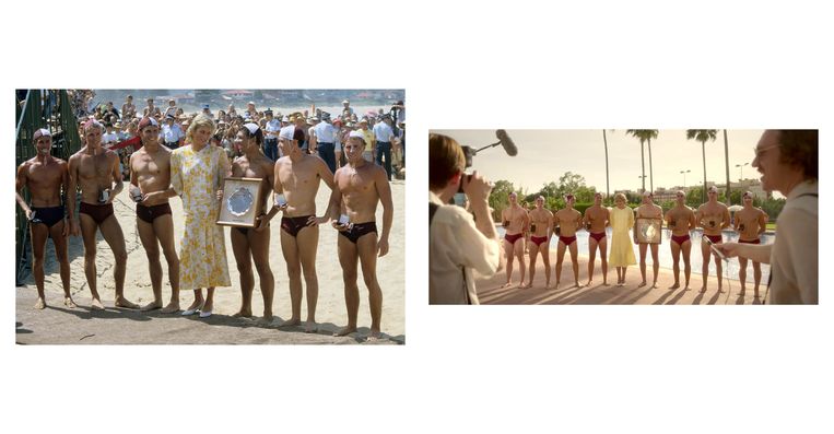 Links: Diana in een geel met witte jurk van Paul Costelloe, met een team van waterpolospelers in Sidney, Australië op 30 januari 1988. Rechts: still uit de serie. Beeld Netflix/Getty