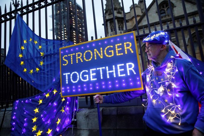 Een anti-brexitdemonstrant betoogt voor het Britse parlementsgebouw in Londen. Vrijdag om middernacht Nederlandse tijd zal het Verenigd Koninkrijk definitief uit de EU treden.