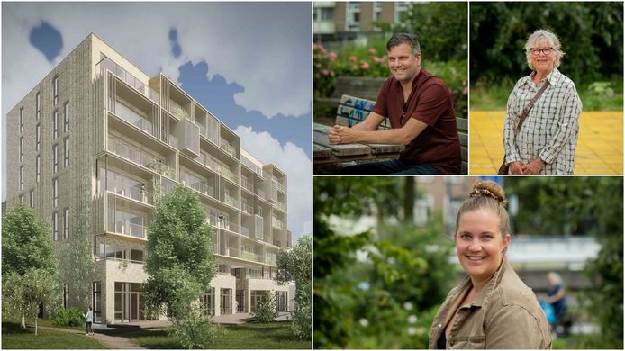 Met de klok mee vanaf linksboven: Impressie van het woongebouw in Arnhem en toekomstige bewoners Wim, Wieke en Eva.