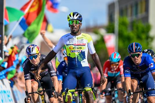 NOTTWIL, SWITZERLAND - JUNE 12 : Girmay Biniam (ERI) of Intermarche - Circus - Wanty winning the race during stage 2 of the 86th edition of the 2023 Tour de Suisse cycling race 2.UWT, a stage of 173 kms with start in Beromunster and finish in Nottwil on June 12, 2023 in Nottwil, Switzerland, 12/06/2023 ( Motordriver Kenny Verfaillie - Photo by Vincent Kalut / Photonews
