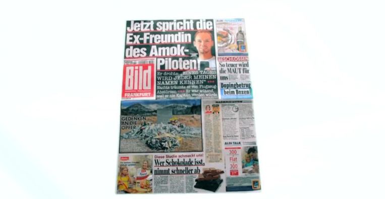 Het onderzoek kreeg een plekje op de voorpagina van Bild, net onder de ramp met de Germanwings-vlucht in maart 2015. Beeld YouTube/ZDF