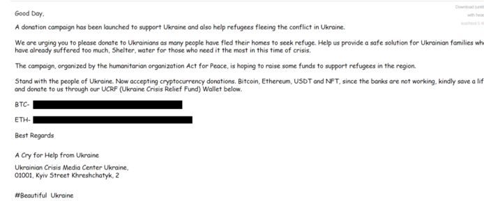 Een voorbeeld van een oplichter die via e-mail vraagt om geld te doneren aan Oekraïne.