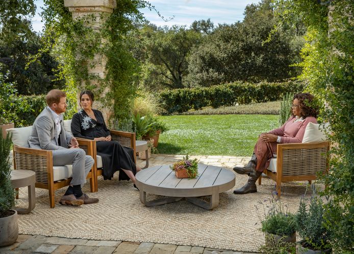 Prins Harry en Meghan Markle tijdens hun interview met Oprah.