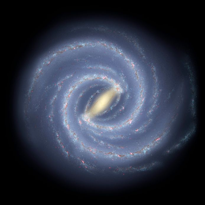 Een bekend beeld van de Melkweg: een soort platte spiraal.