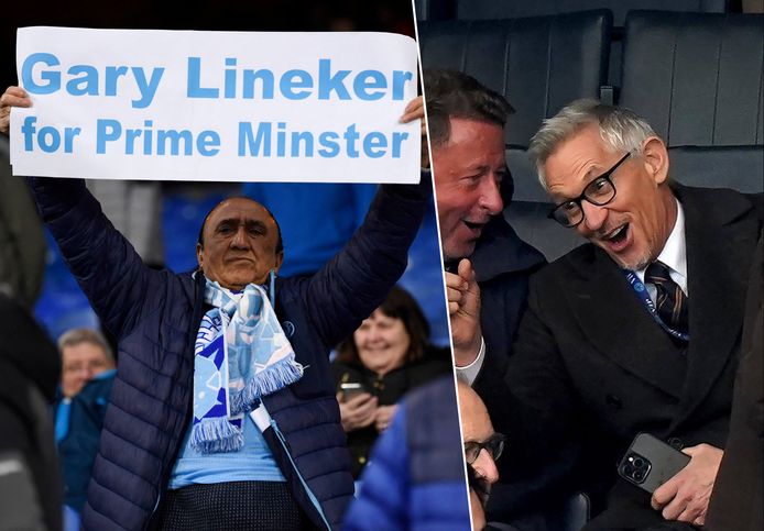 Links: een fan met een bordje die Lineker steunt. Rechts: een lachende Lineker op de tribunes van Leicester City.