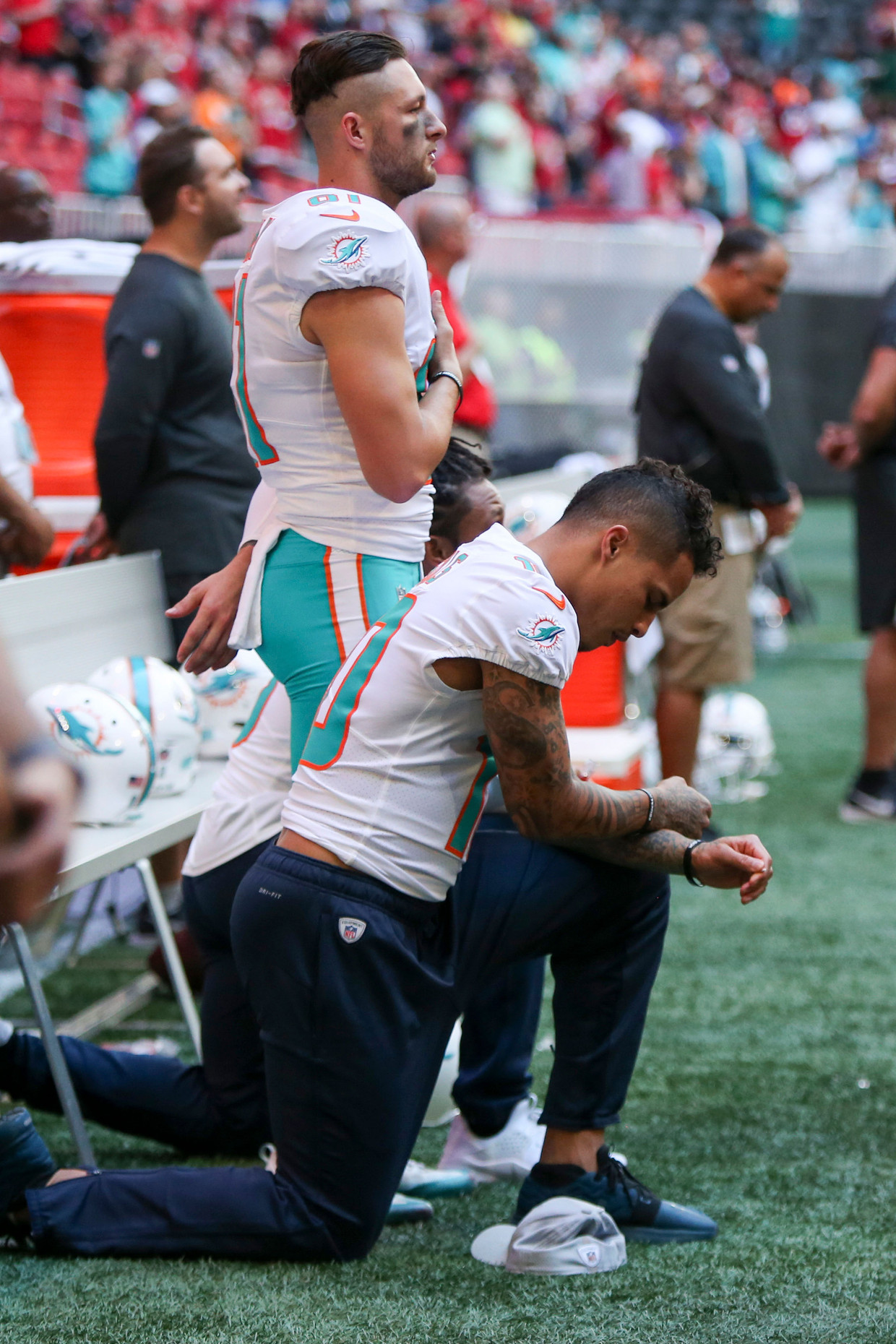 Kenny Stills van Miami Dolphins knielde vorige week. Beeld USA TODAY Sports