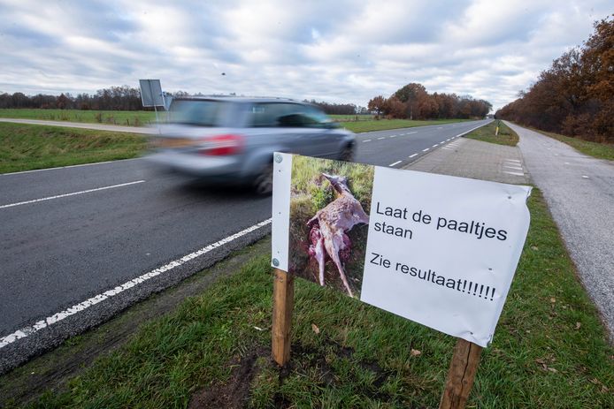Met een foto van een aangereden ree hoopt de Vriezenveense Jagersvereniging vandalen af te schrikken.