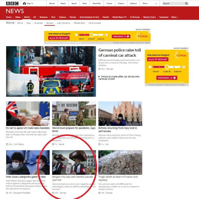 Het artikel over Aalst Carnaval staat bijna 24 uur na publicatie nog steeds prominent op de World-pagina van BBC News.