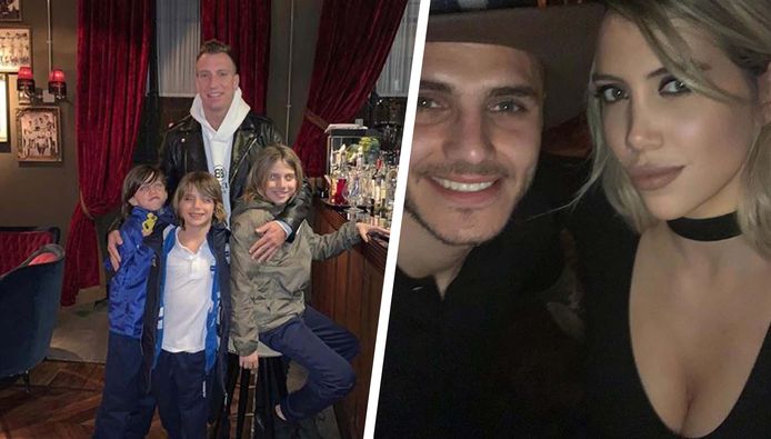 A sinistra Maxi Lopez con i suoi tre figli, a destra Mauro Icardi e Wanda Nara.