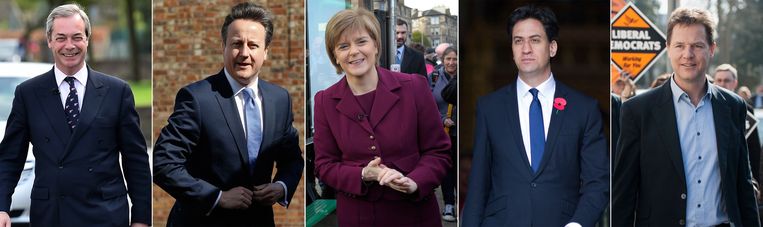 V.l.n.r.: Nigel Farage, David Cameron, Nicola Sturgeon, Ed Miliband en Nick Clegg. Beeld afp