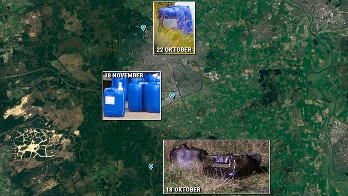 De blauwe jerrycans die werden ontdekt in een busje aan de Paramaribostraat in Apeldoorn doen sterk denken aan de jerrycans die op 22 oktober werden aangetroffen bij een drugsafvaldumping bij kroondomein Het Loo. Vier dagen eerder brandden twee identieke jerrycans uit aan de Ouder Arnhemseweg in Beekbergen.