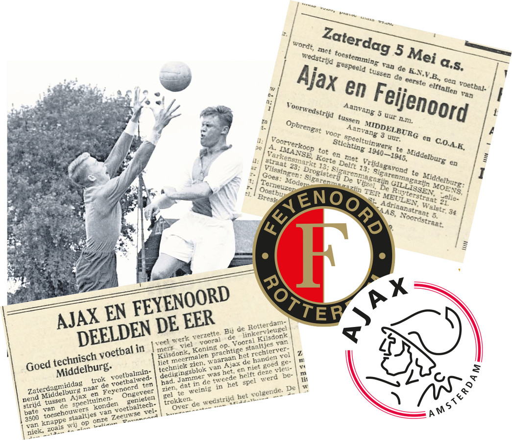 Aankondiging en verslag uit de PZC van 1951. Of de Ajax-ster Rinus Michels (koppend op de foto) erbij was, is niet duidelijk.