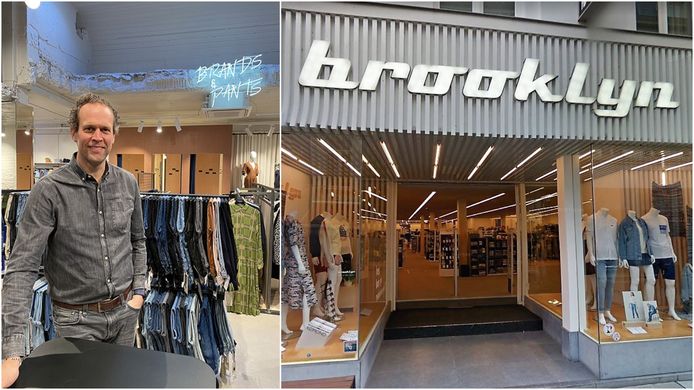 Links Ubbe Descamps, rechts de gevel van de vestiging van Brooklyn in de Korte Steenstraat in Kortrijk, die straks vernieuwd wordt.